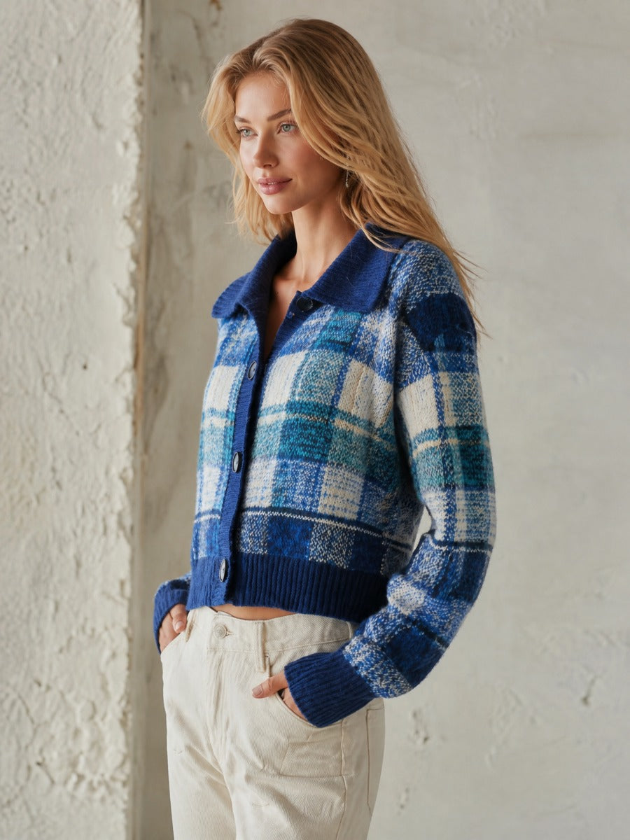 Retro-chic Blue Plaid Collared Knit Cardigan