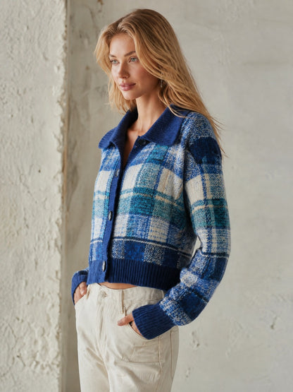 Retro-chic Blue Plaid Collared Knit Cardigan