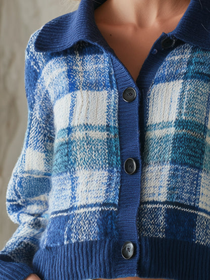 Retro-chic Blue Plaid Collared Knit Cardigan