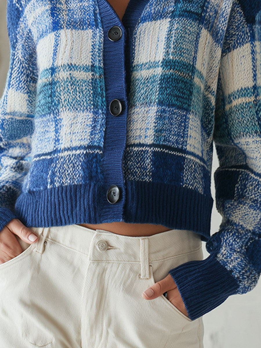 Retro-chic Blue Plaid Collared Knit Cardigan