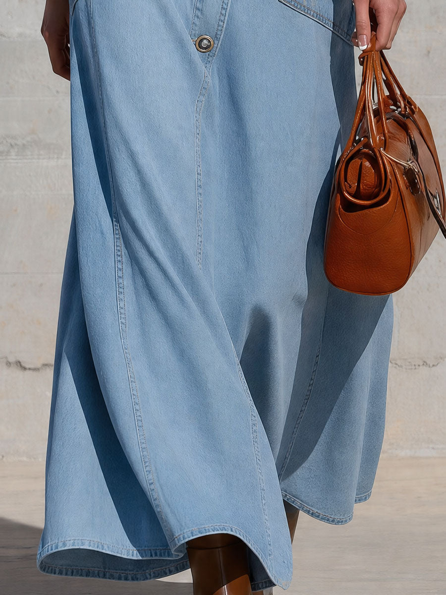 Retro-elegant Blue Single-breasted Denim Maxi Dress