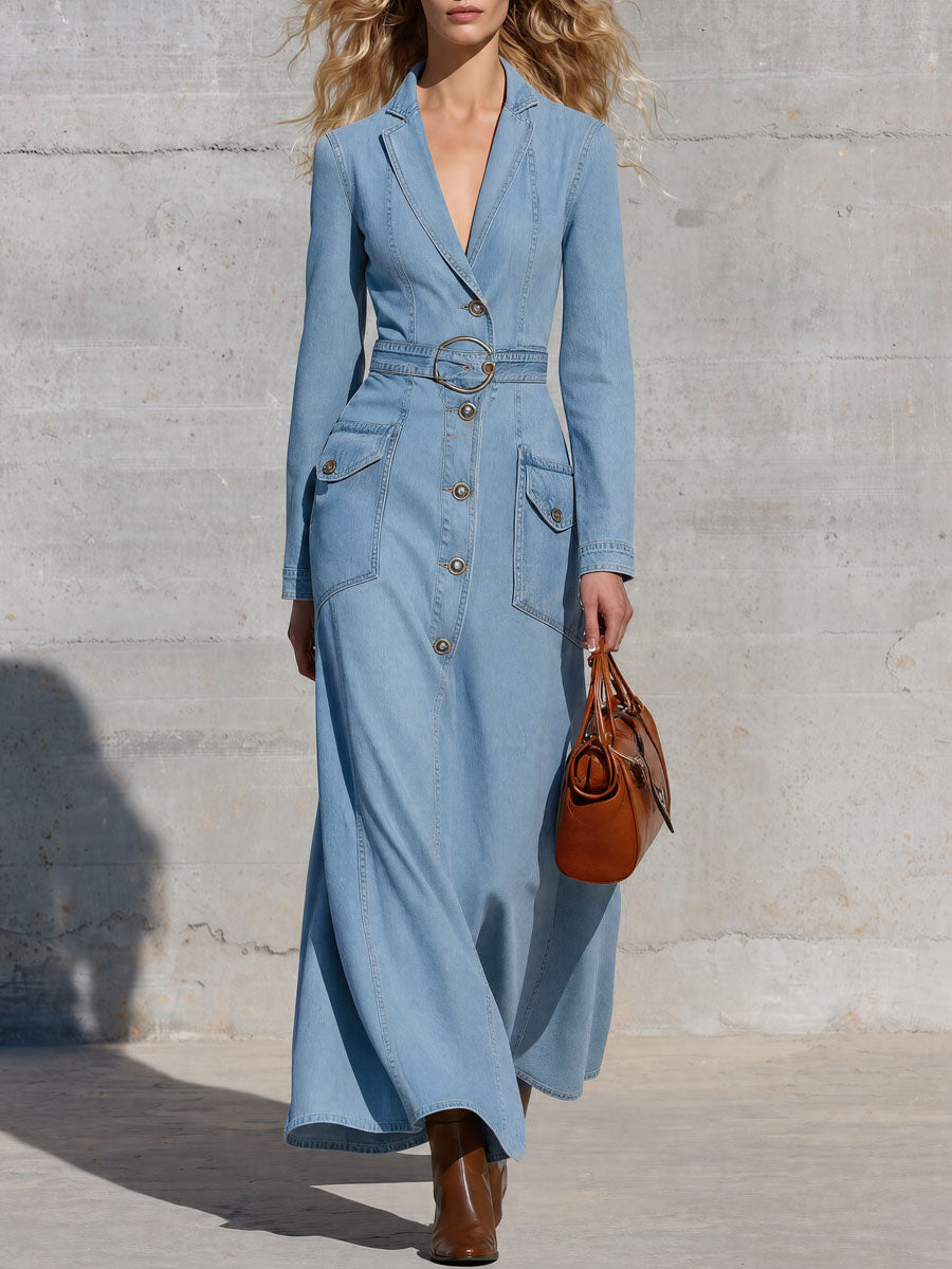 Retro-elegant Blue Single-breasted Denim Maxi Dress