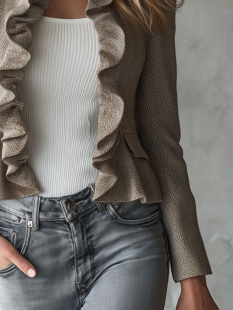 Retro-elegant Ruffled Tweed Jacket