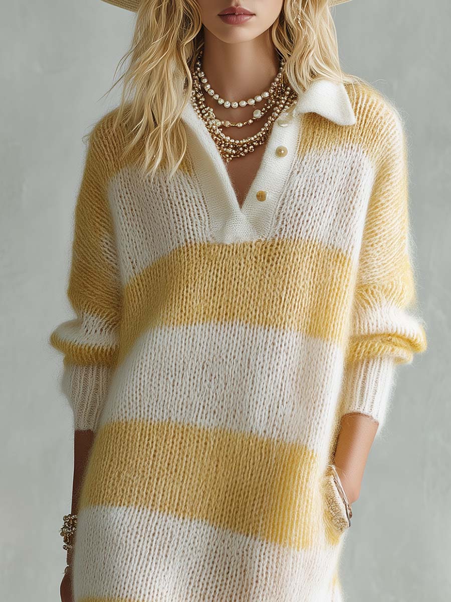 Lazy Fashion Polo Collar Yellow And White Stripes Knitted Midi Dress