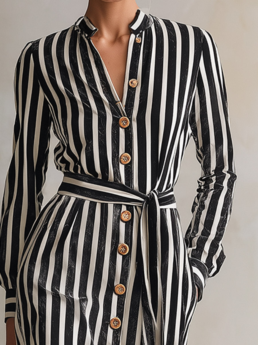 Elegant Urban Striped Single-Breasted Velvet Midi Dress