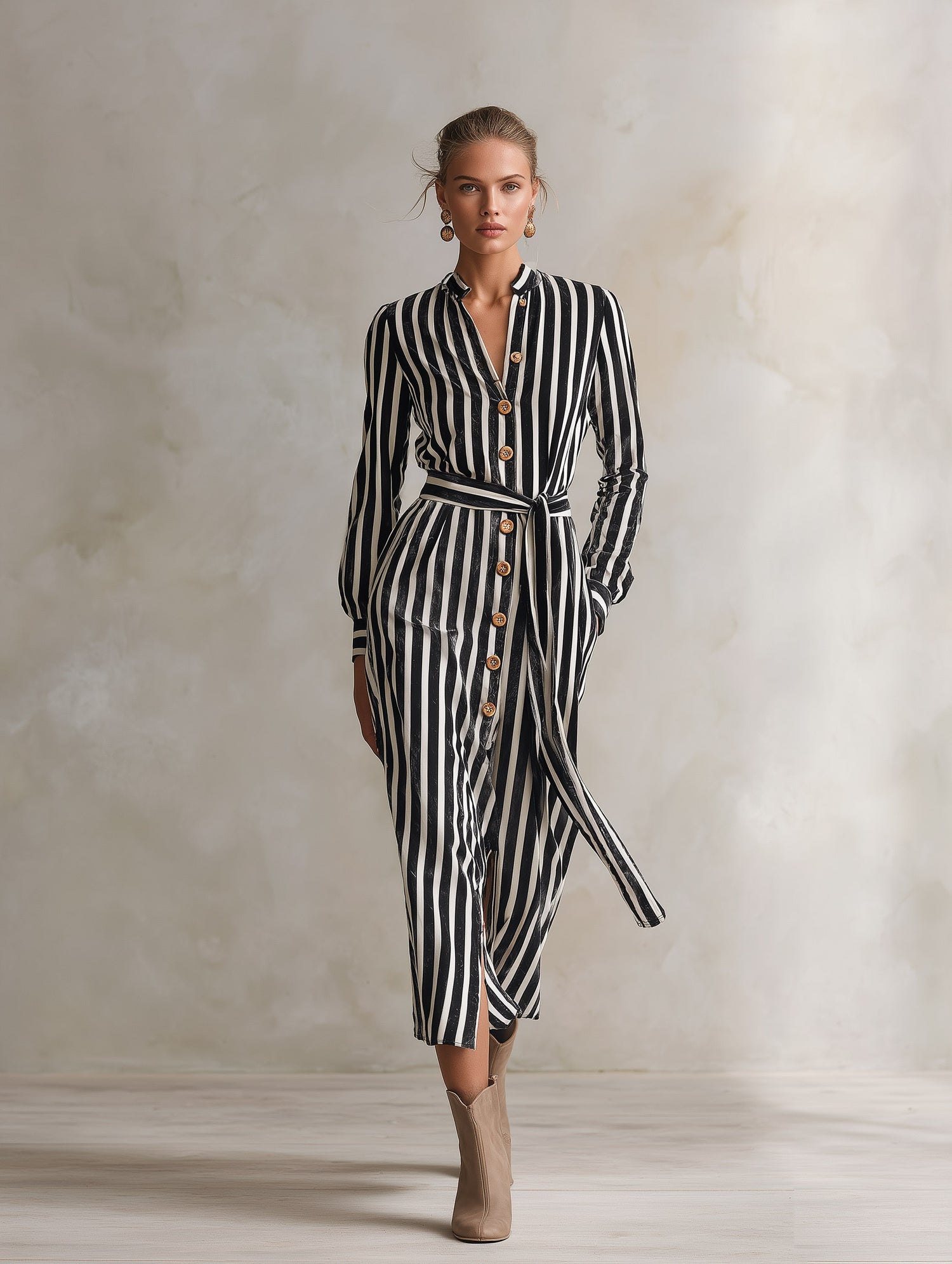Elegant Urban Striped Single-Breasted Velvet Midi Dress