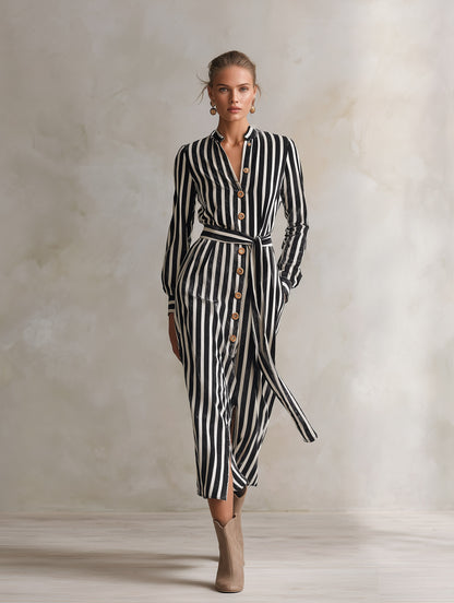 Elegant Urban Striped Single-Breasted Velvet Midi Dress