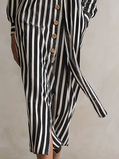 Elegant Urban Striped Single-Breasted Velvet Midi Dress