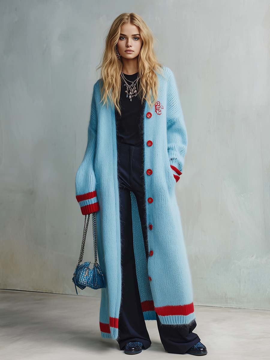 Lazy Casual Red Trim Light Blue Knitted Maxi-style Cardigan