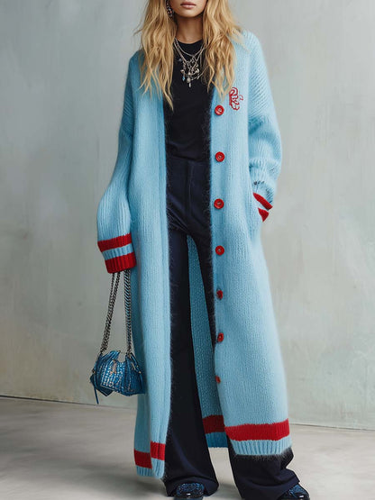 Lazy Casual Red Trim Light Blue Knitted Maxi-style Cardigan