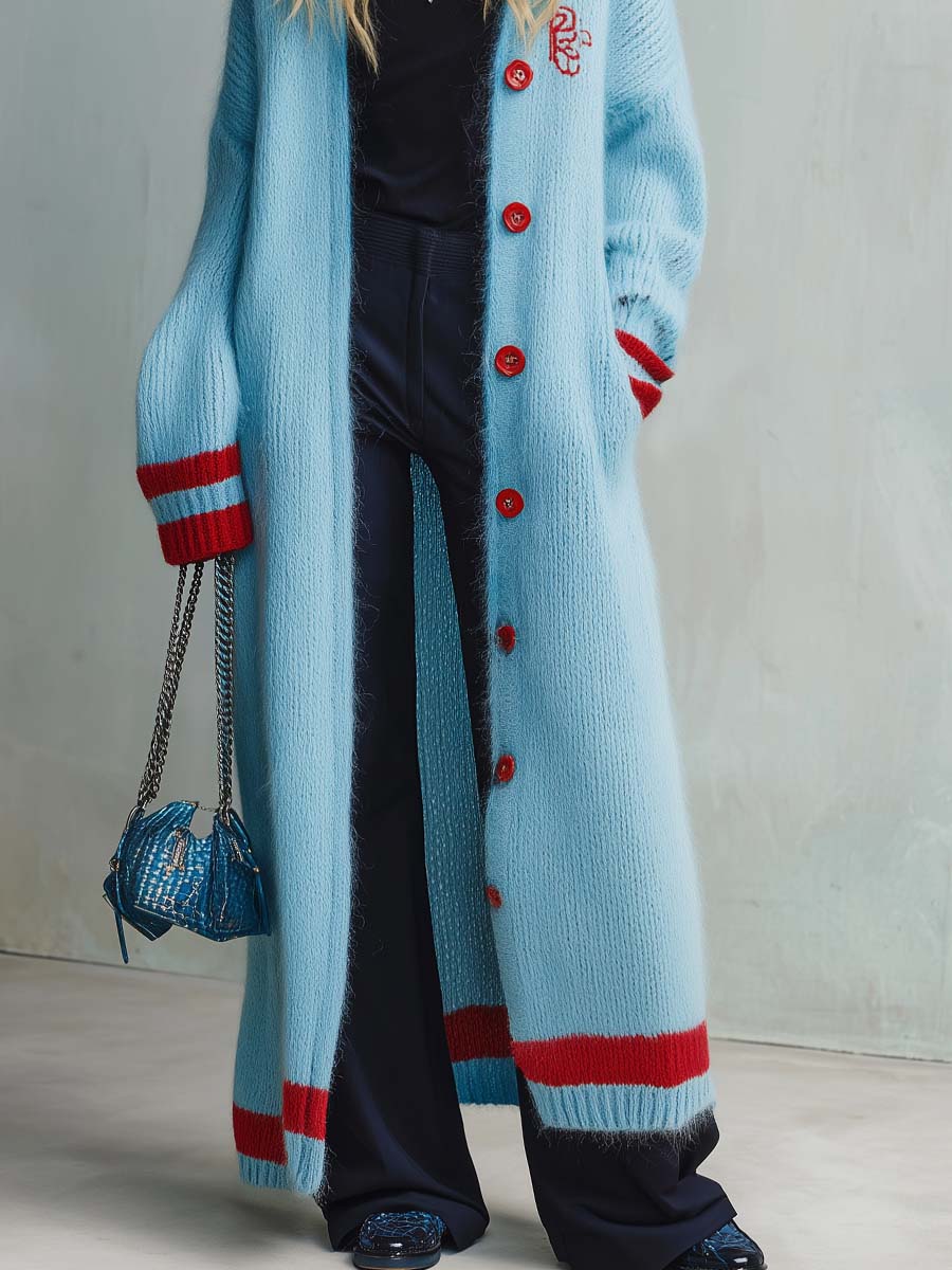 Lazy Casual Red Trim Light Blue Knitted Maxi-style Cardigan