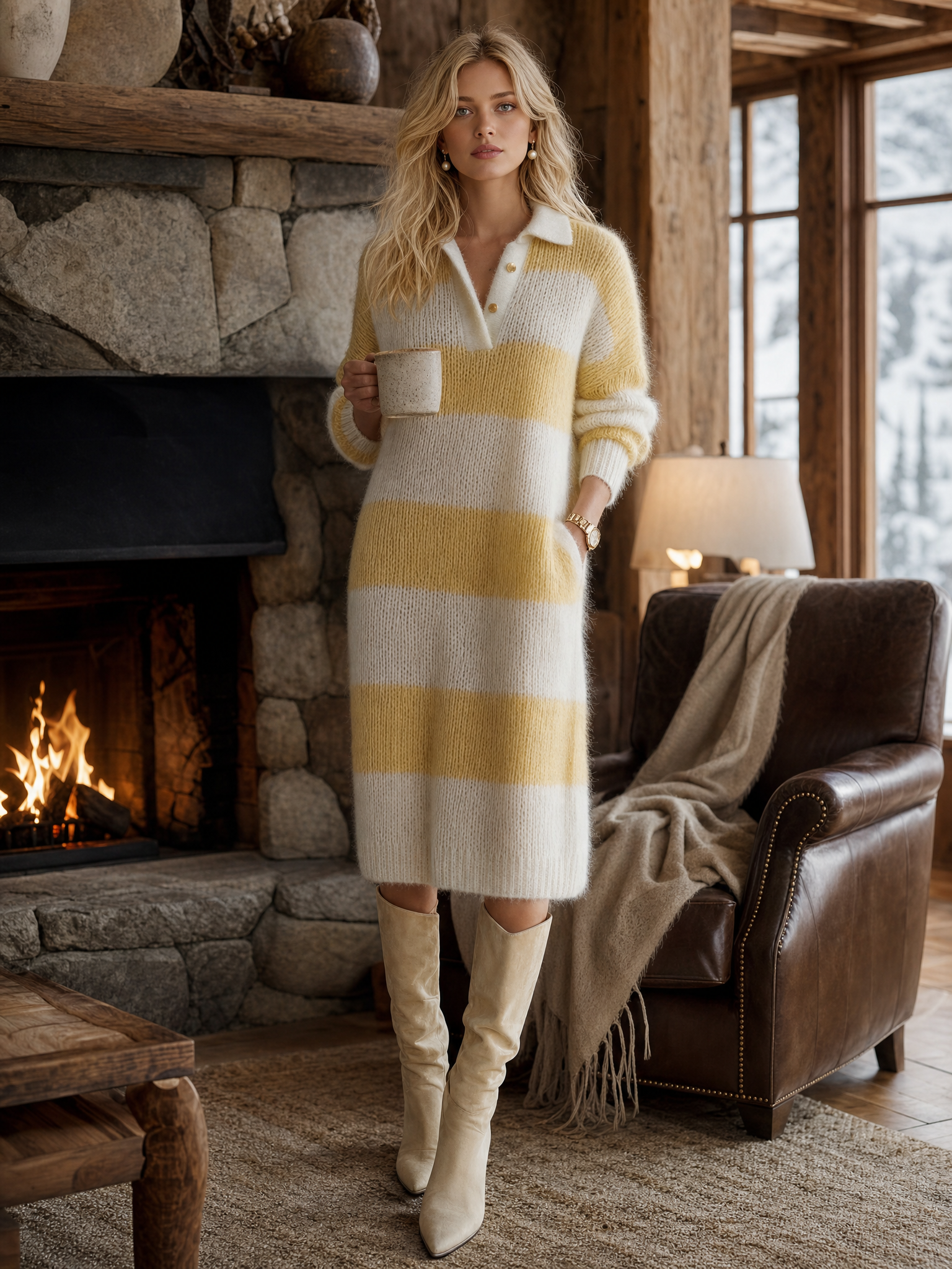 Lazy Fashion Polo Collar Yellow And White Stripes Knitted Midi Dress