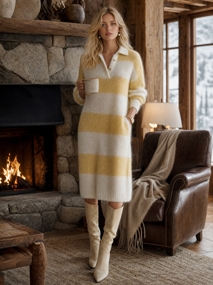 Lazy Fashion Polo Collar Yellow And White Stripes Knitted Midi Dress