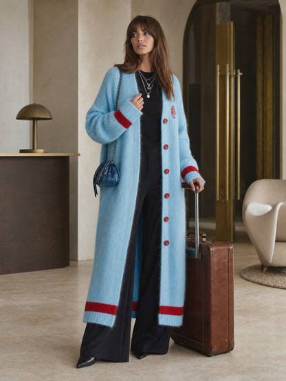 Lazy Casual Red Trim Light Blue Knitted Maxi-style Cardigan