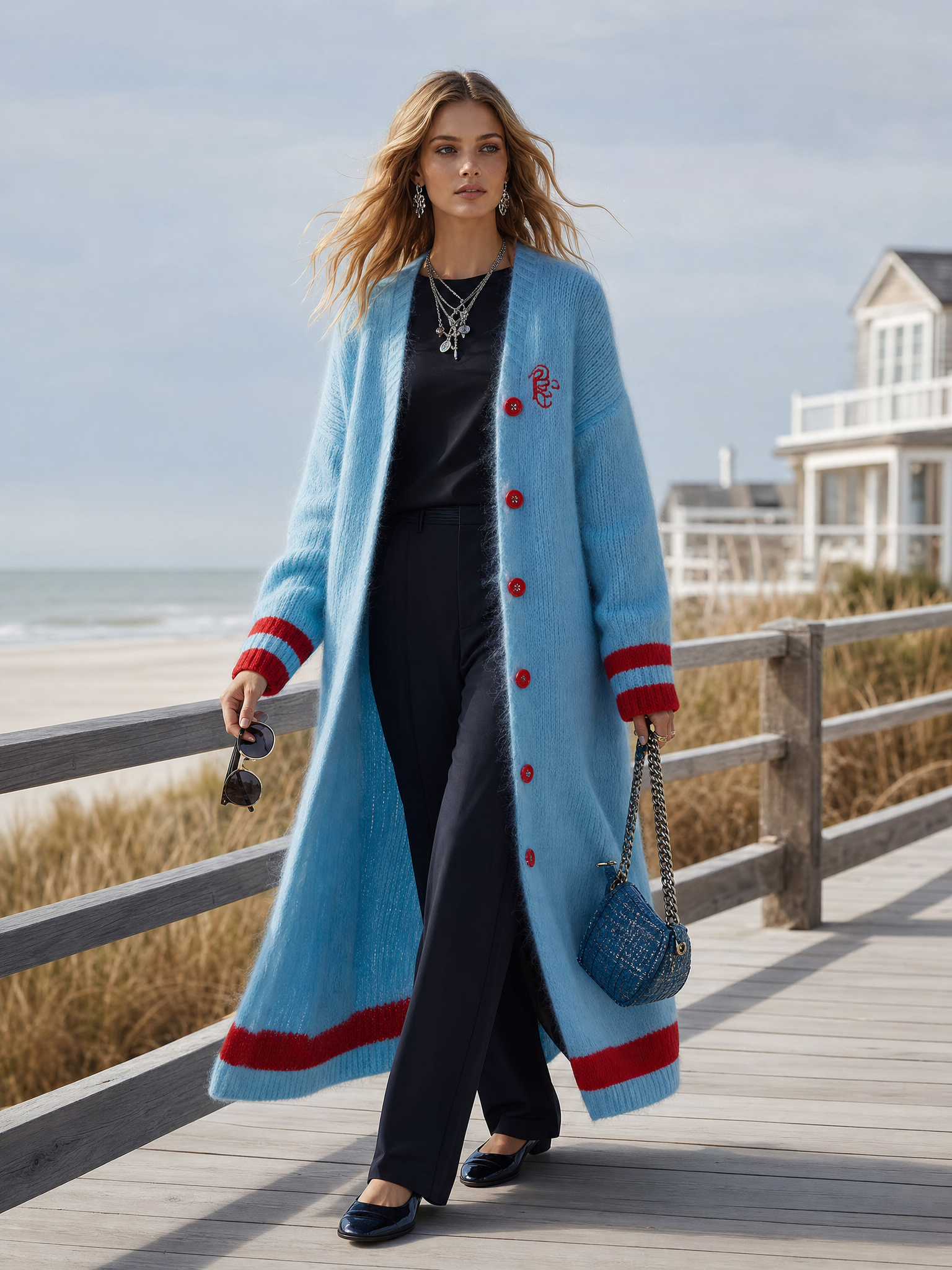 Lazy Casual Red Trim Light Blue Knitted Maxi-style Cardigan
