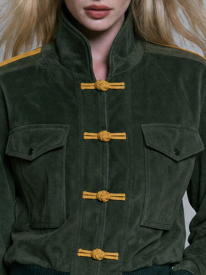 Casual Retro Color-blocked Striped Green Faux Suede Jacket