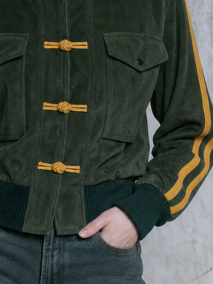 Casual Retro Color-blocked Striped Green Faux Suede Jacket