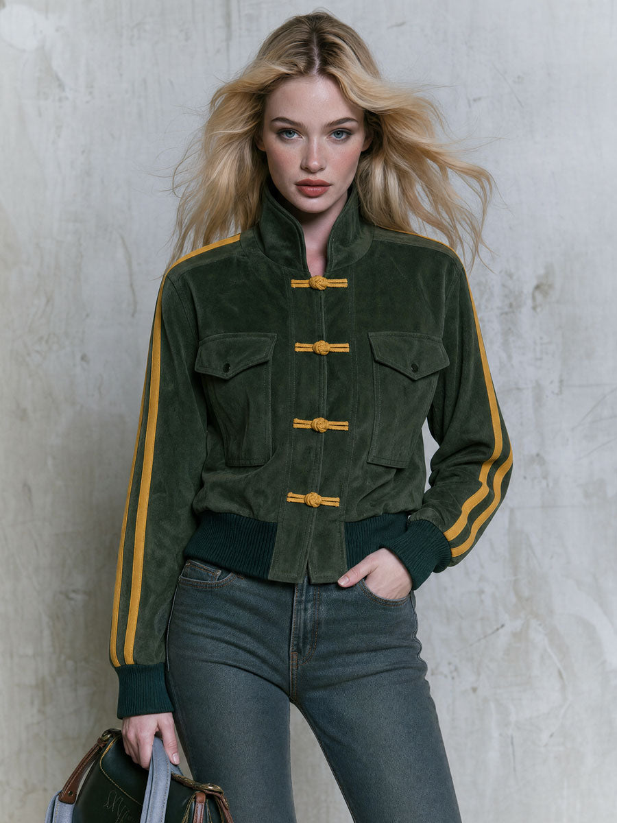Casual Retro Color-blocked Striped Green Faux Suede Jacket