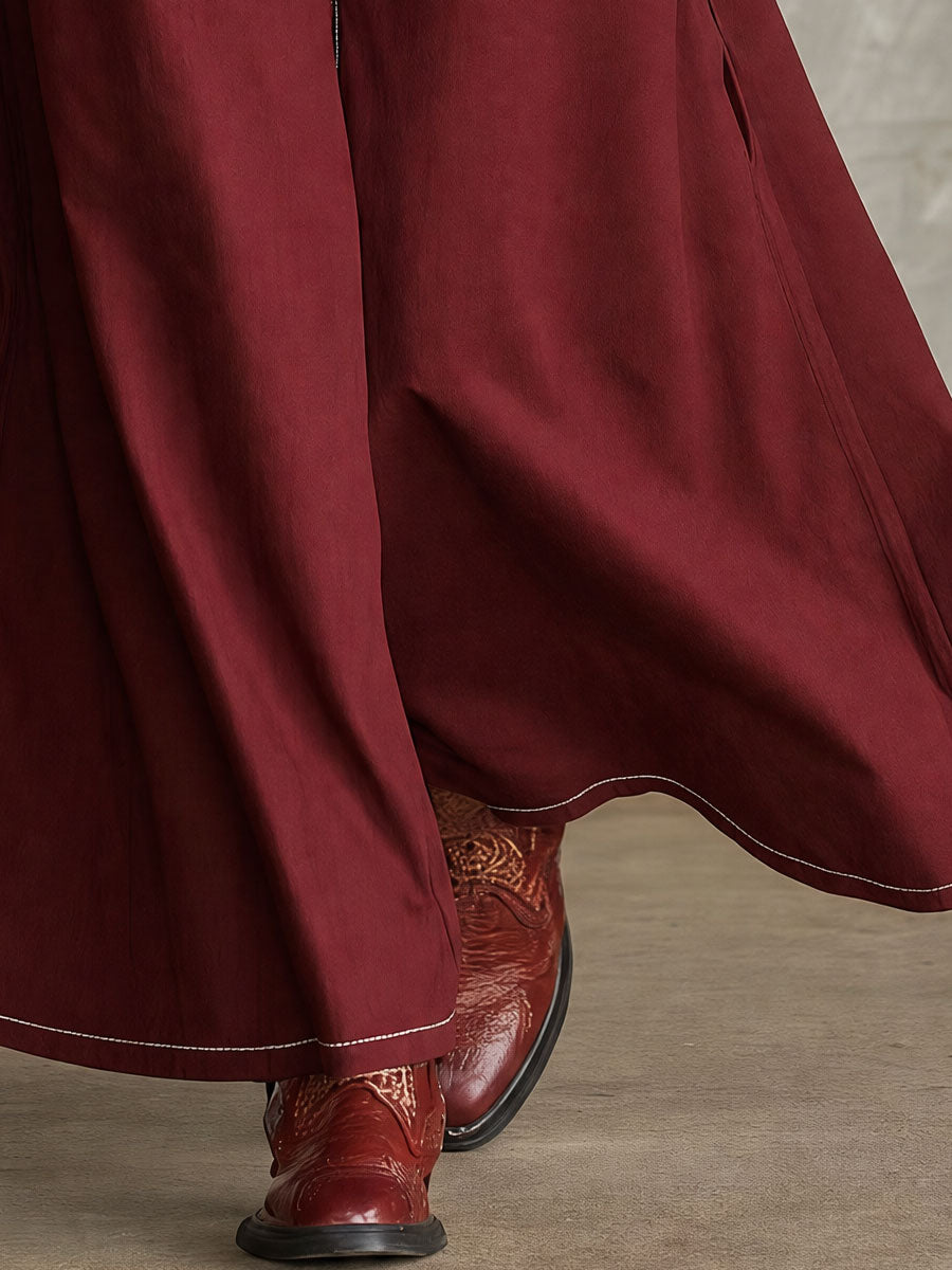 Vintage Burgundy Stand-up Collar Zipper Cotton Maxi Dress