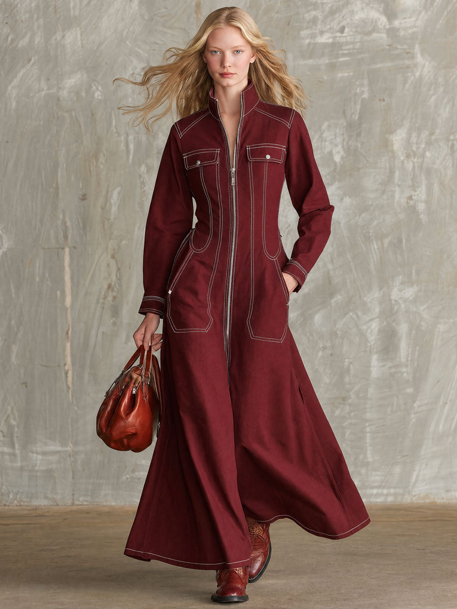 Vintage Burgundy Stand-up Collar Zipper Cotton Maxi Dress