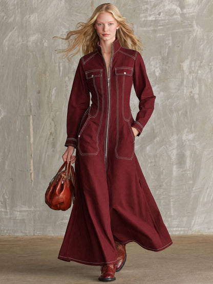 Vintage Burgundy Stand-up Collar Zipper Cotton Maxi Dress