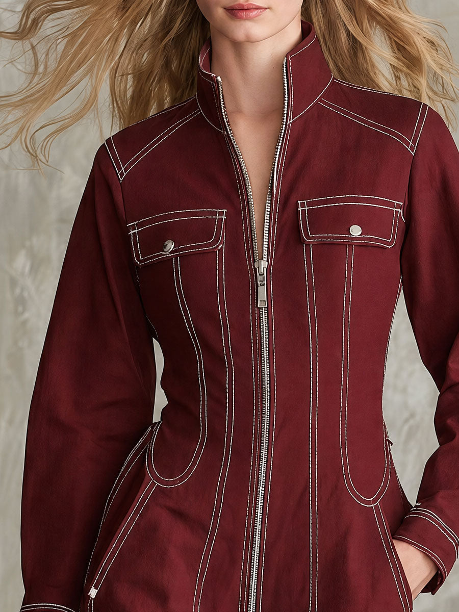 Vintage Burgundy Stand-up Collar Zipper Cotton Maxi Dress