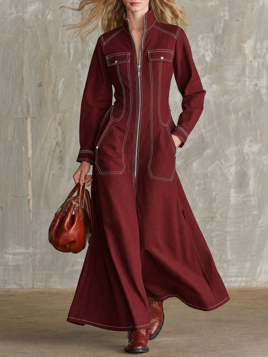 Vintage Burgundy Stand-up Collar Zipper Cotton Maxi Dress