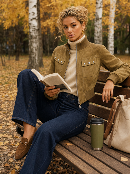 Olive Green Faux Suede Jacket With A Retro Casual And Elegant Style