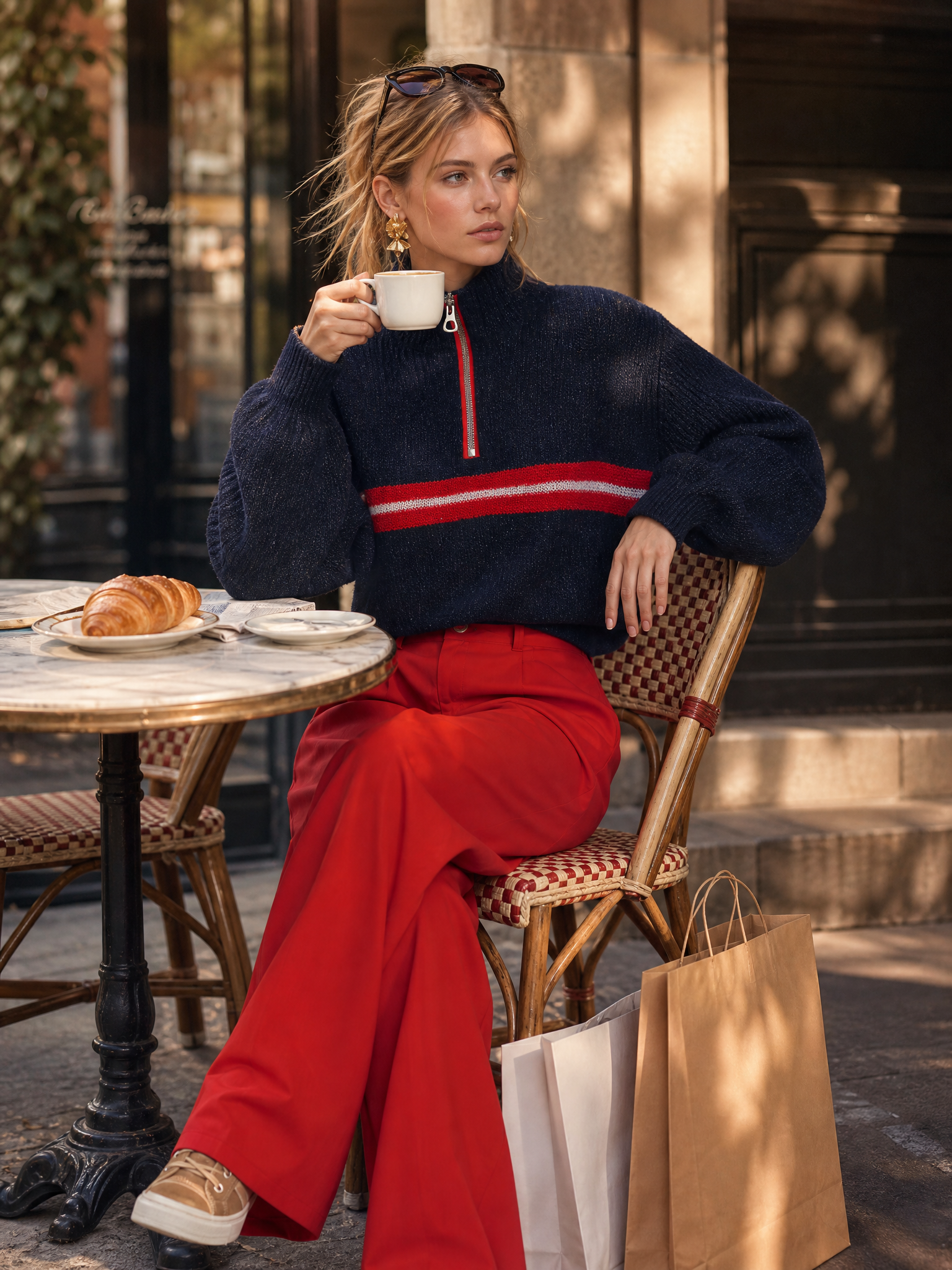 Retro-chic Color-block Knit Top And Cotton-linen Wide-leg Trousers Set