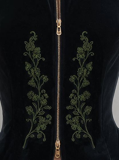 Green Embroidered Velvet Jacket With A Retro Casual And Elegant Style