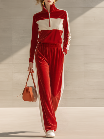 Retro-chic Elegant Color-blocked Velvet Matching Set