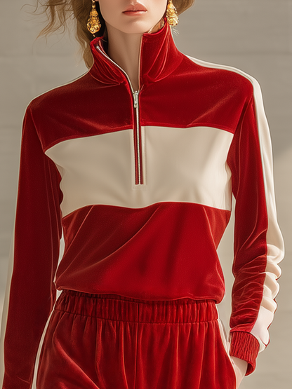 Retro-chic Elegant Color-blocked Velvet Matching Set