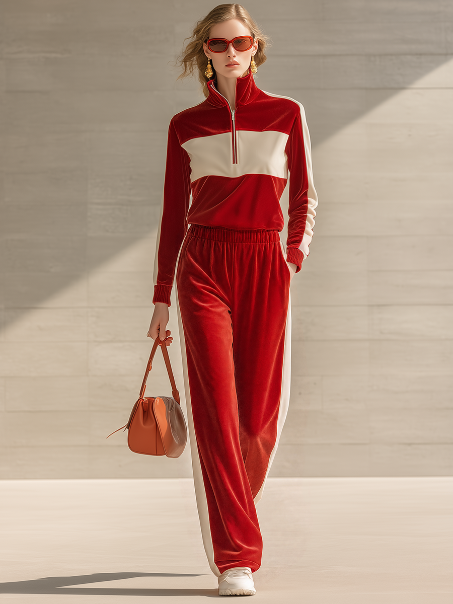 Retro-chic Elegant Color-blocked Velvet Matching Set