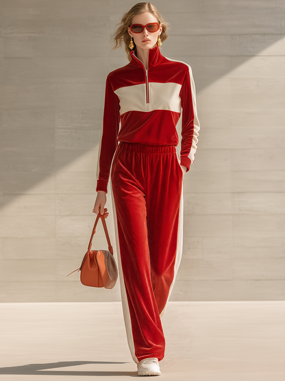 Retro-chic Elegant Color-blocked Velvet Matching Set
