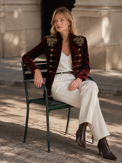 Elegant Luxurious Embroidered Burgundy Velvet Mandarin-collar Jacket