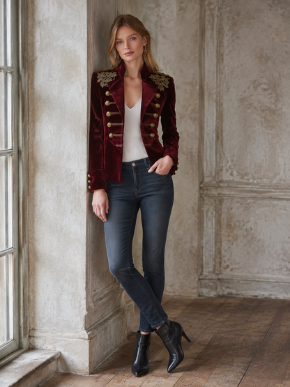 Elegant Luxurious Embroidered Burgundy Velvet Mandarin-collar Jacket