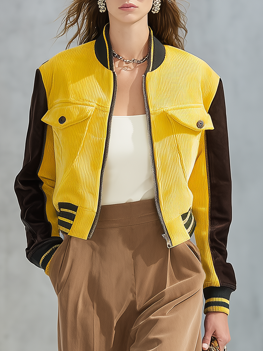 Retro-casual Elegant Corduroy And Faux-suede Panelled Jacket