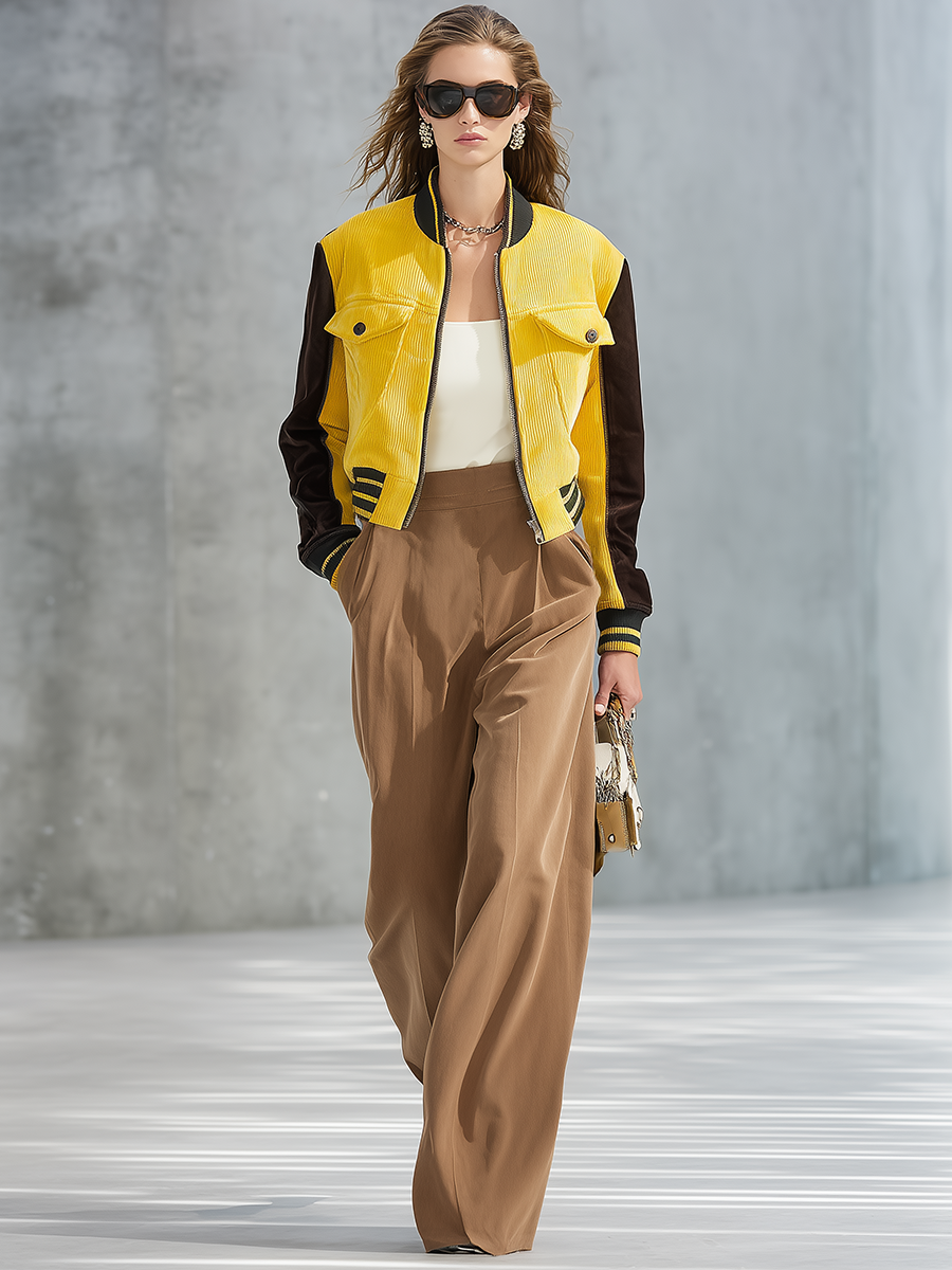Retro-casual Elegant Corduroy And Faux-suede Panelled Jacket