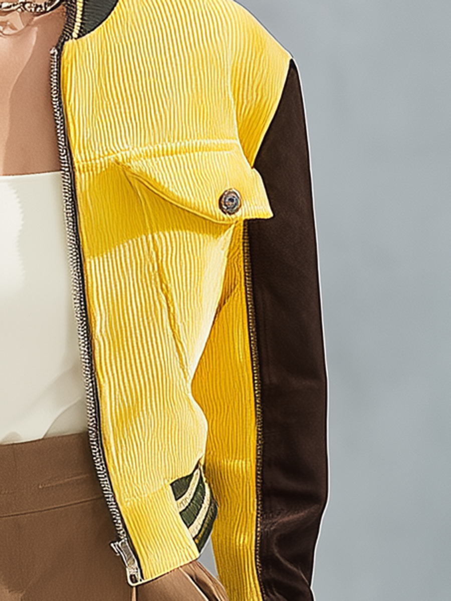 Retro-casual Elegant Corduroy And Faux-suede Panelled Jacket