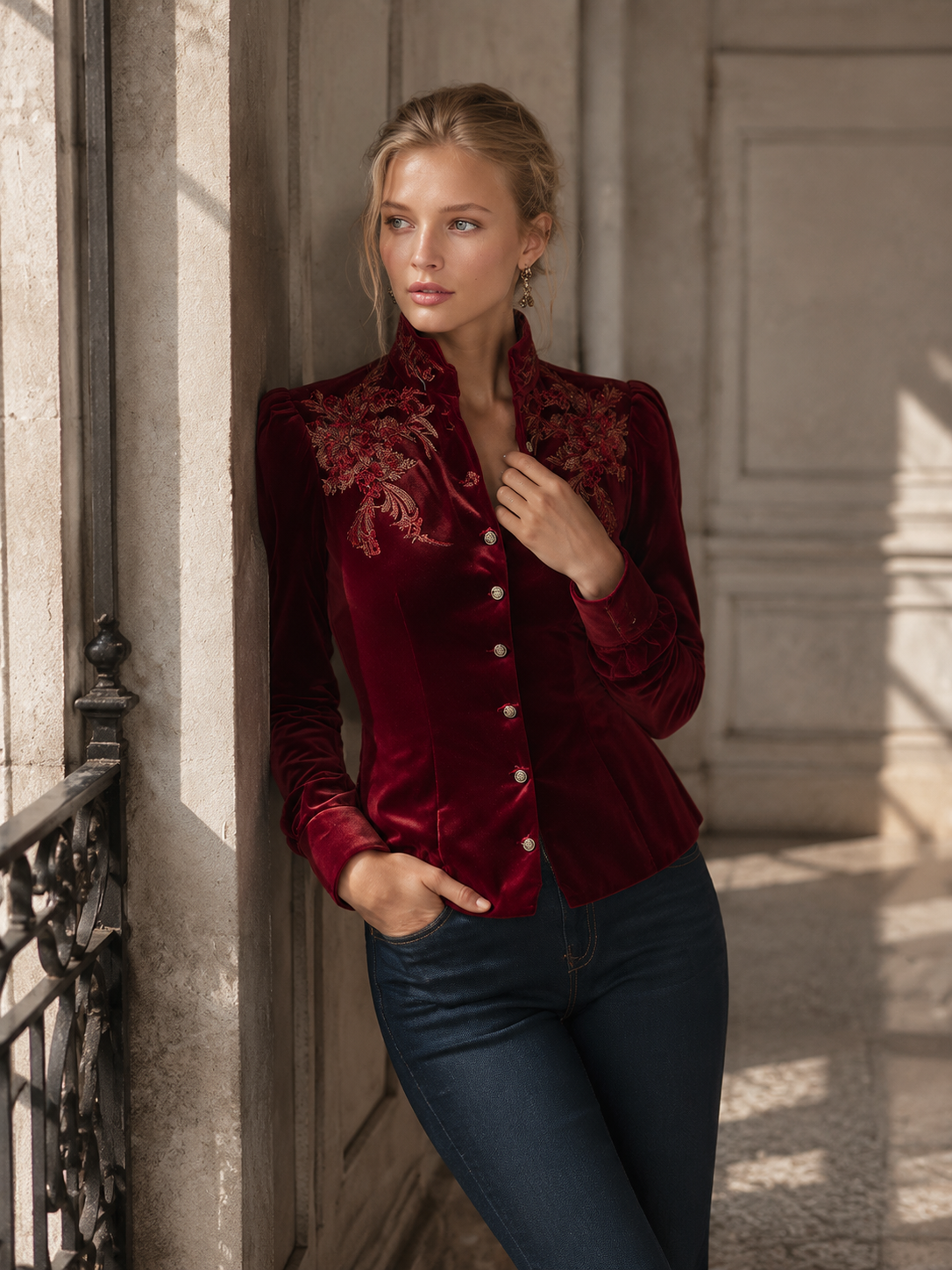Vintage-style Embroidered Red Velvet Single-breasted Shirt
