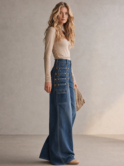 Western Cowgirl Metal-buckle Loop-detail High-waist Wide-leg Jeans