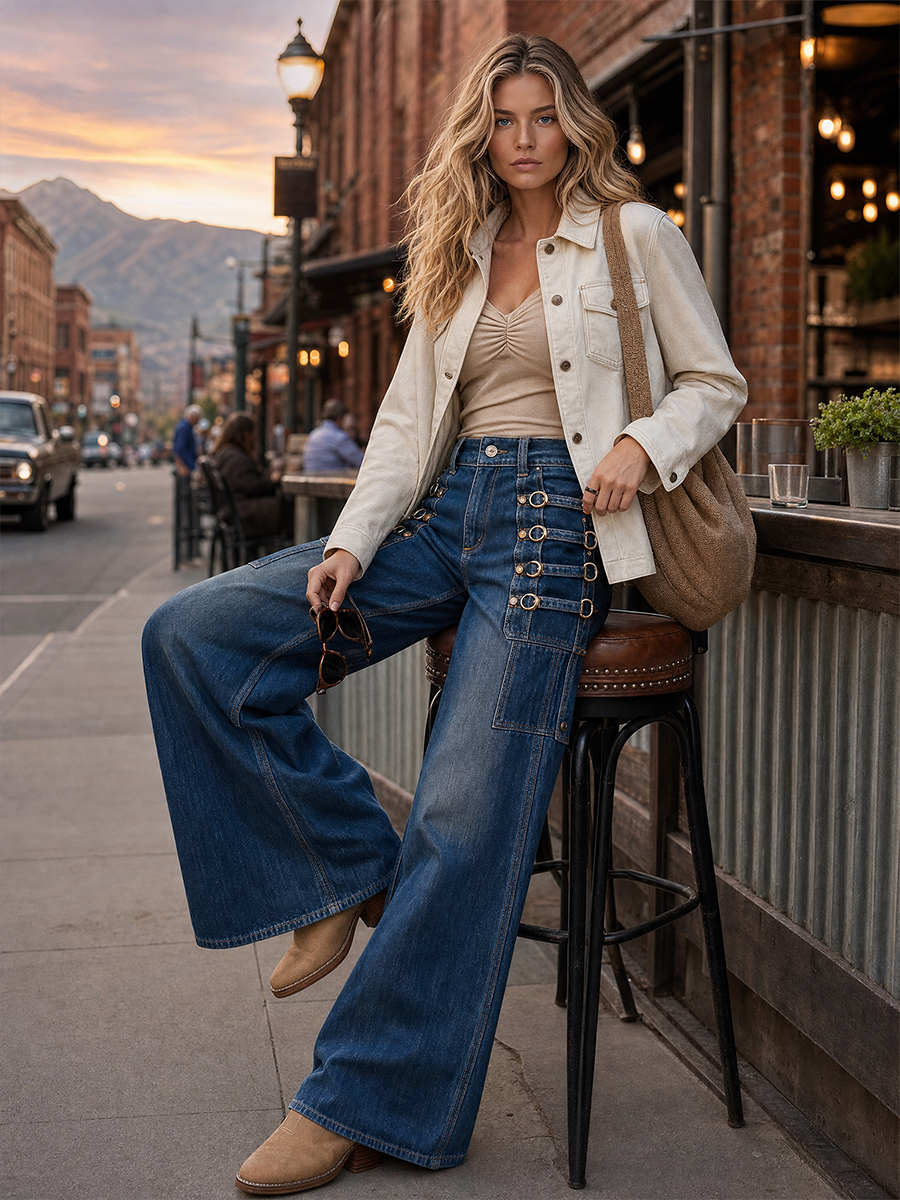 Western Cowgirl Metal-buckle Loop-detail High-waist Wide-leg Jeans