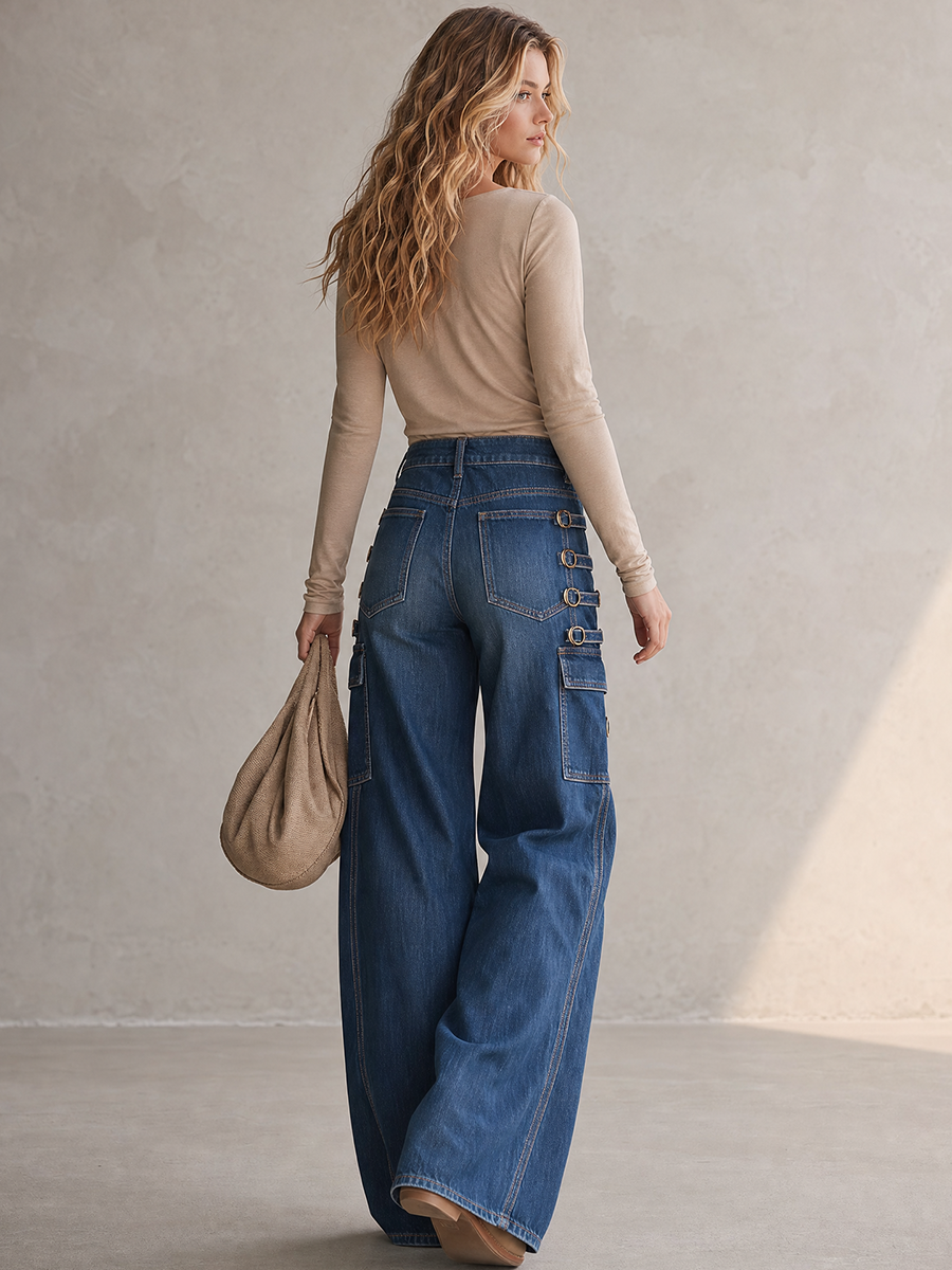 Western Cowgirl Metal-buckle Loop-detail High-waist Wide-leg Jeans