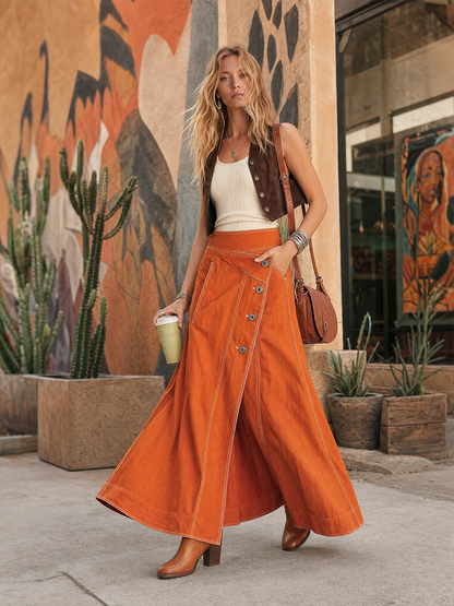 American Vintage Asymmetric Metal-button High-waist Slit Denim Skirt