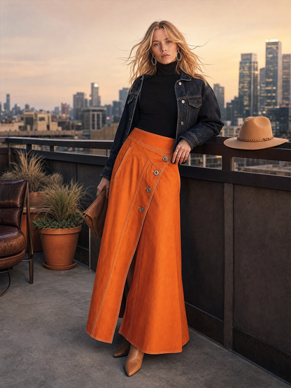 American Vintage Asymmetric Metal-button High-waist Slit Denim Skirt