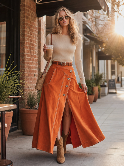 American Vintage Asymmetric Metal-button High-waist Slit Denim Skirt