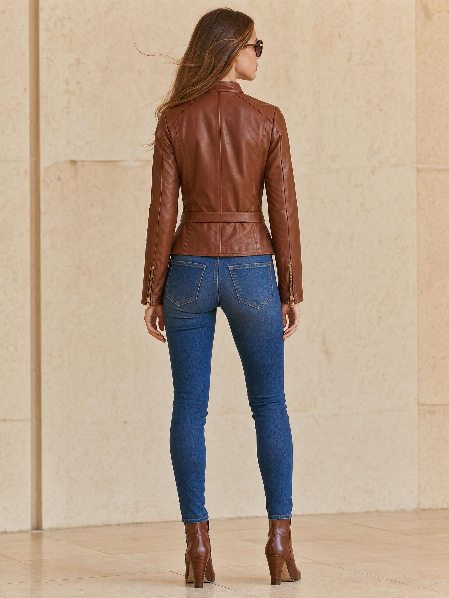 Casual Retro Brown PU Lace-up Zip-up Jacket