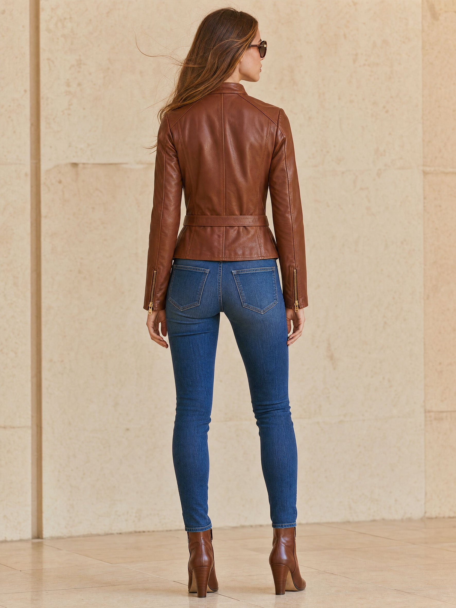 Casual Retro Brown PU Lace-up Zip-up Jacket
