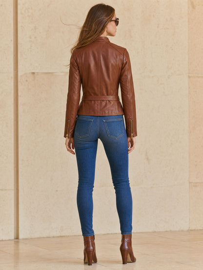Casual Retro Brown PU Lace-up Zip-up Jacket