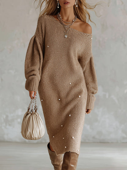 Elegant Ribbed Knit Boat-Neck Sweater with Pearl Beading Midi Dress